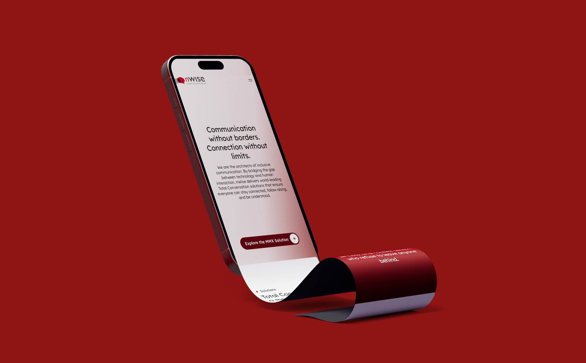 The nWise homepage on a phone against a deep red background, the page curling away beneath it to reveal the section below.